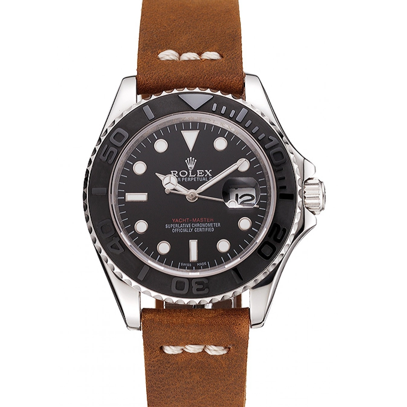 Best AAA Replica Sites Brown Case Leather Master Rolex Yacht Bracelet 1453859 Dial Silver Black 0713